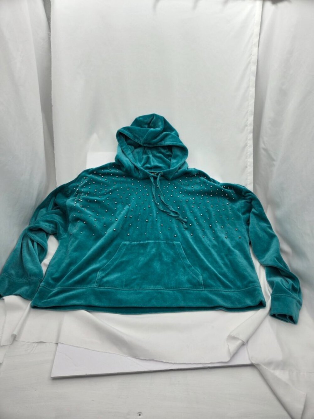 Vintage Juicy Couture | Y2K Glam Silver Beaded Cotton-Blend Teal Top XL - Picture 2 of 9